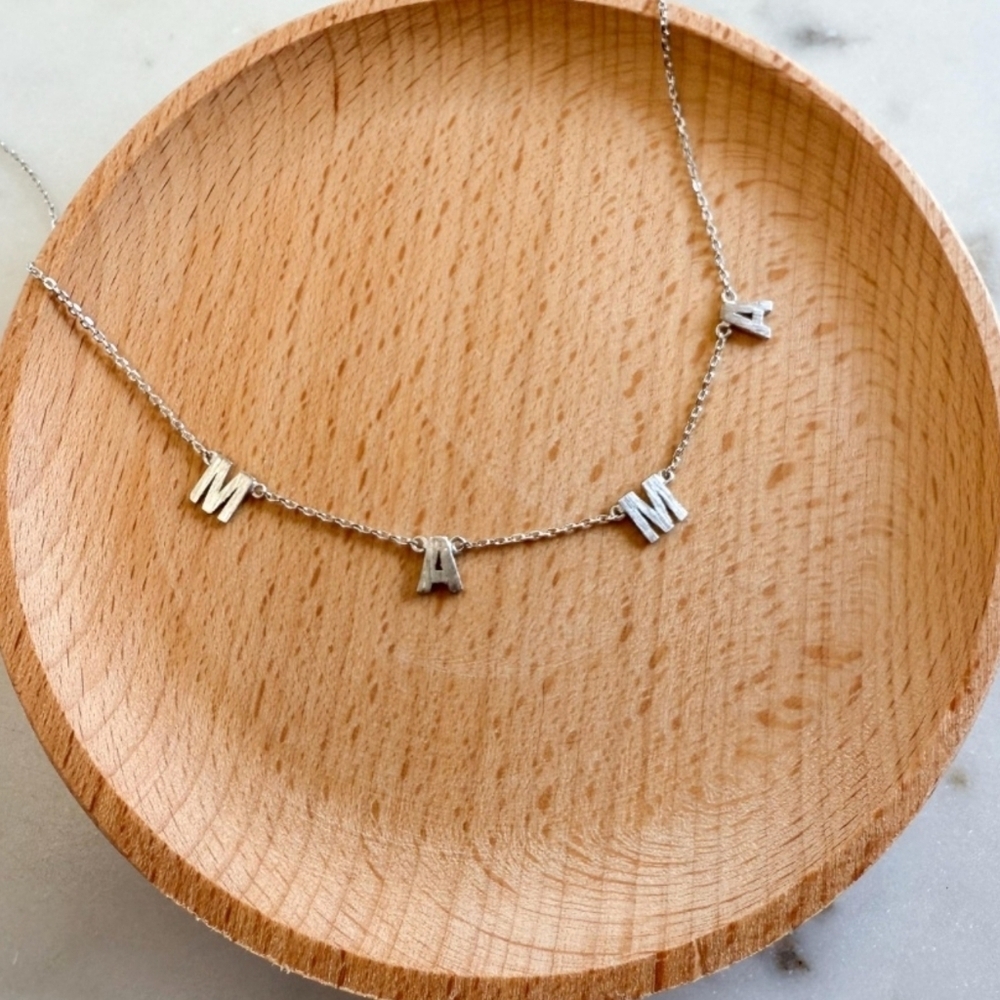 Silver Mama Letter Charm Necklace Dainty Mother’s Day Gift Minimalist Jewelry